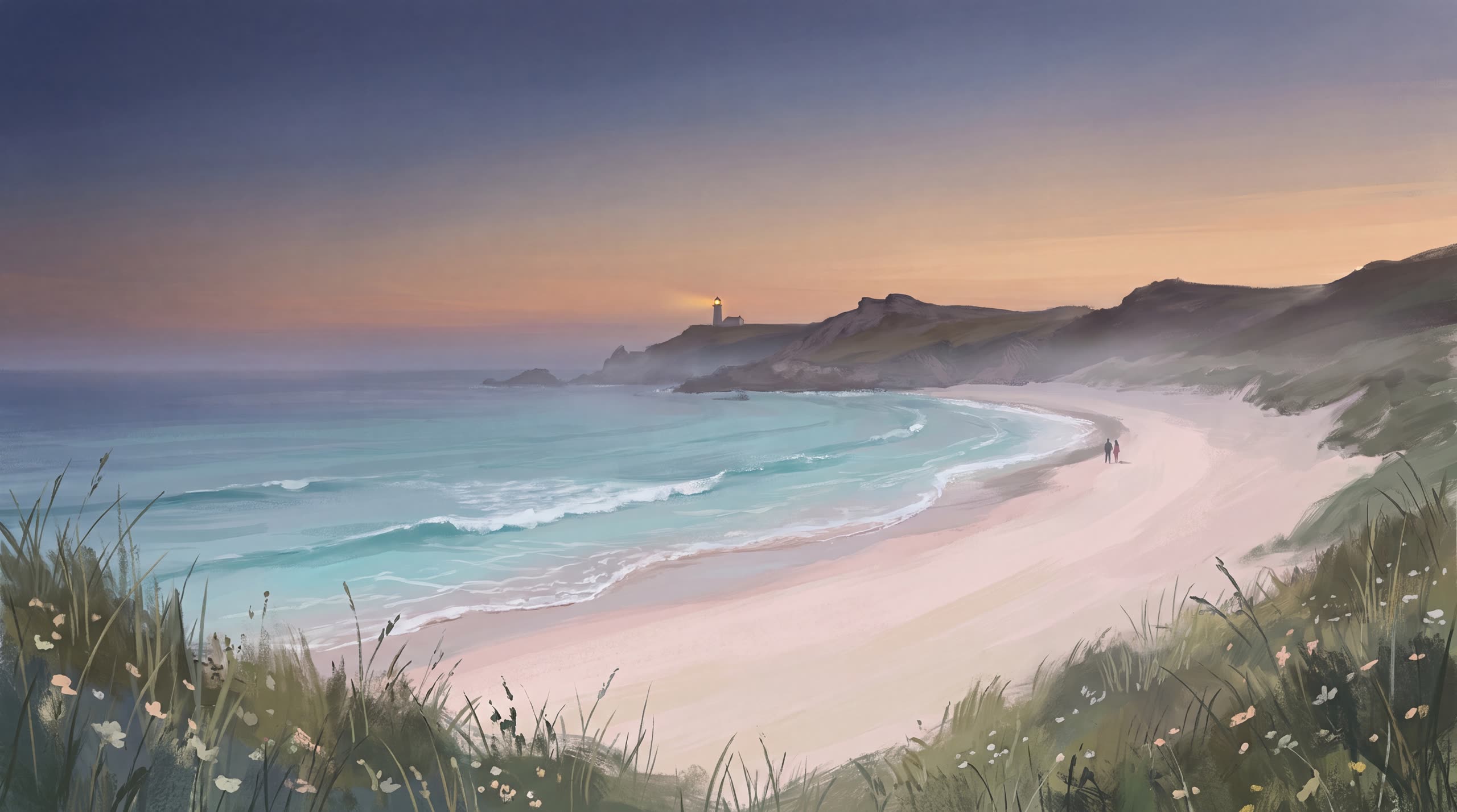 A dusk coastline with a lighthouse glowing on the headland