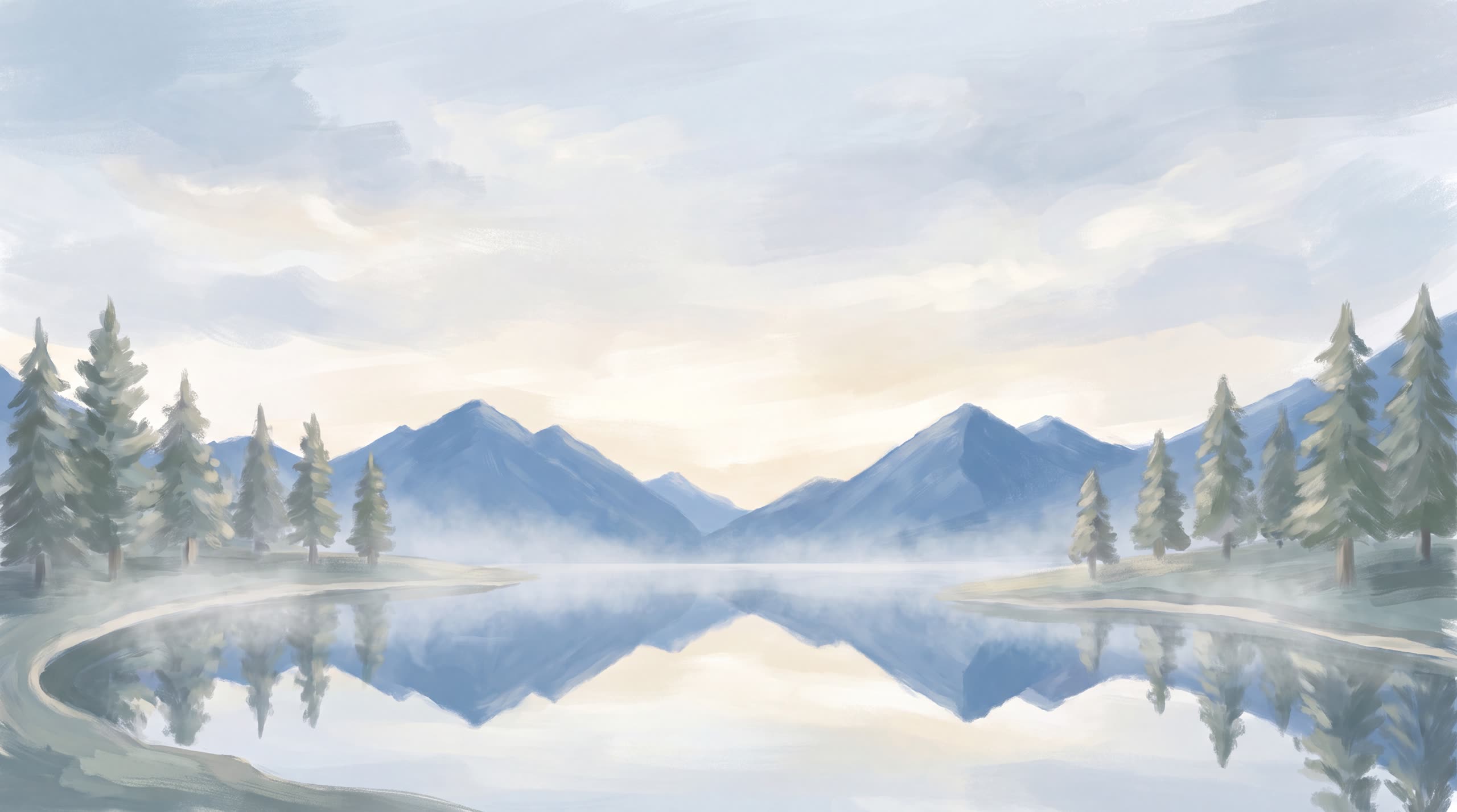 A glassy alpine lake mirroring mountains at first light