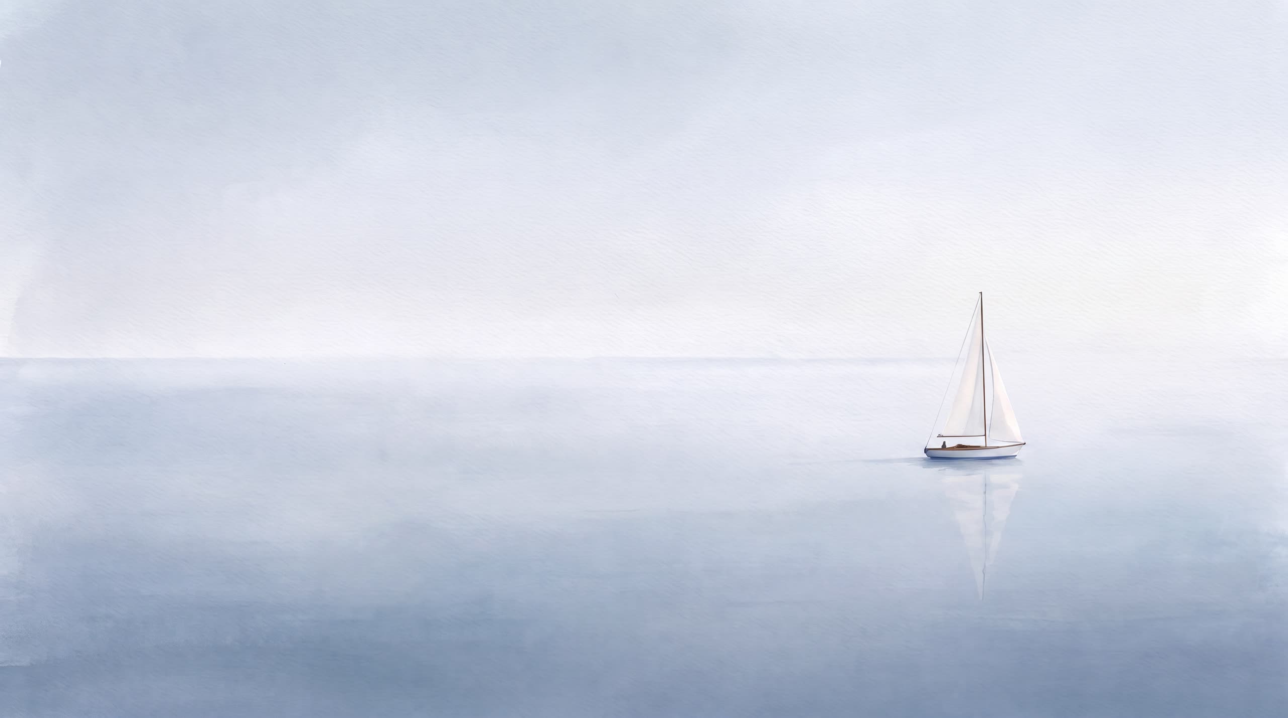 A lone sailboat on a still, misty sea